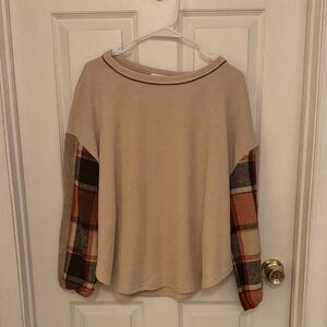 THML Plaid Sleeve Beige Sweater